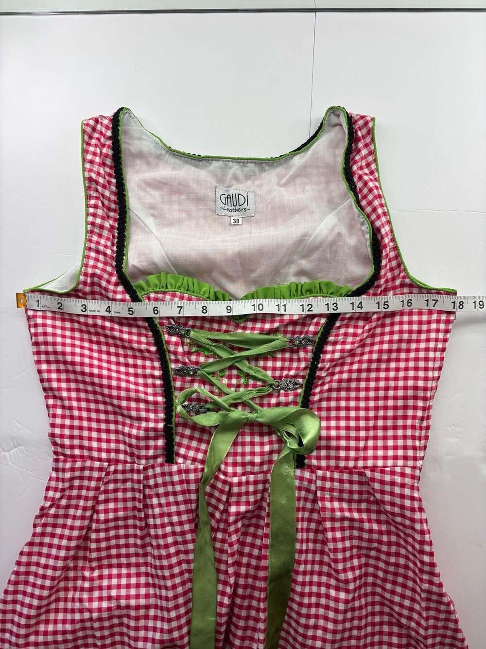 Gaudi Leathers Red Gingham Dirndl Dress with Green Trim Size 38 - Picture 8 of 10